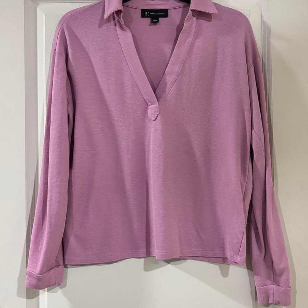 INC International Concepts Pink Slub Knit V-Neck Collared Long Sleeve Top Small